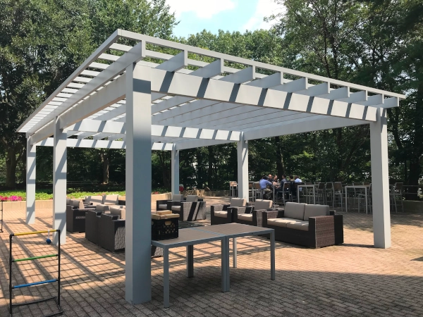 Modern style pergola in a large public courtyard