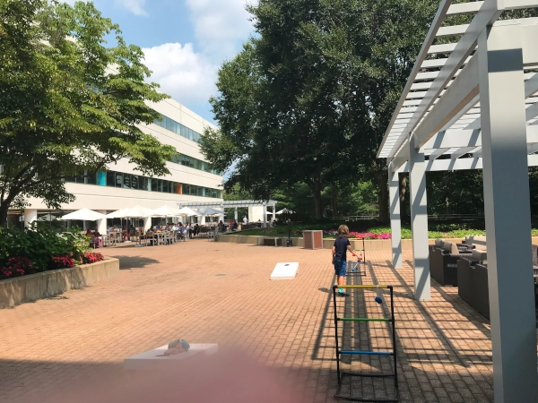 Modern style pergola in a large public courtyard